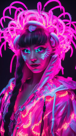 Portrait of a mystical fantasy bioluminescent neon woman. Glamorous fashionable lady. Generative AI Art.の素材