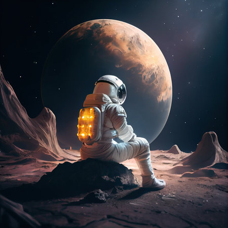 An astronaut exploring an alien planet. A high-tech astronaut from the future. Generative AI Art.の素材