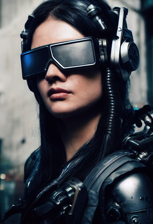 Portrait of a sci-fi cyberpunk girl. High-tech futuristic woman from the future. Generative AI Art.の素材