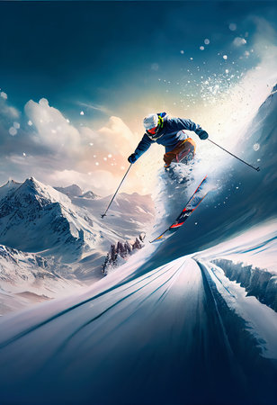 A skier descends a snowy mountain at great speed. skiing in the snowy mountains. Generative AI Artの素材