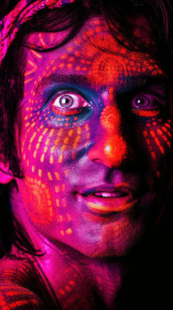 Portrait of a mystical fantasy bioluminescent neon man. Glamorous fashionable rastaman. Generative AI Art.の素材