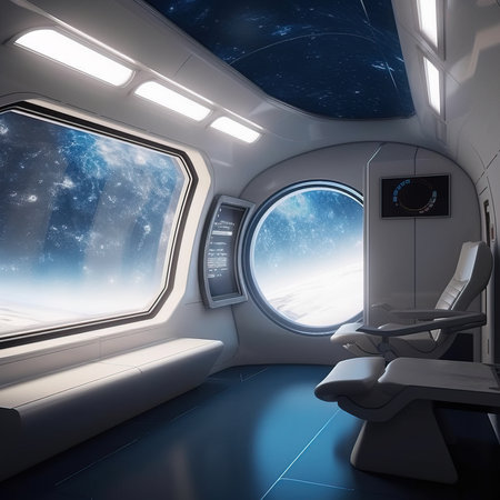 View from the passenger cabin of the spacecraft. Generative AI Art.の素材