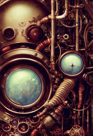 Metal steampunk mechanism of clockwork gears and springs. The concept of the old rusty mechanism. 3D render.の素材