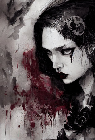 A fictional person, not based on a real person. Mystical creepy woman with frightening makeup. Gothic mystery woman. 3D renderingの素材