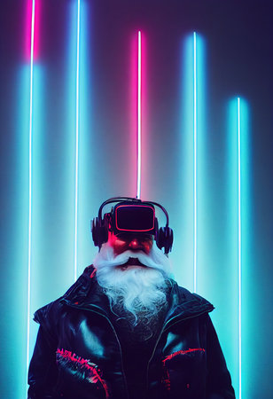 A fictional person, not based on a real person. Quirky old bearded Santa Claus in virtual glasses. A winter holiday concept. 3d renderingの素材