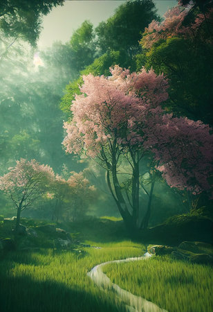 Sunrise scene in a summer forest on a summer morning with fog. Landscape of nature and forest. 3d renderingの素材
