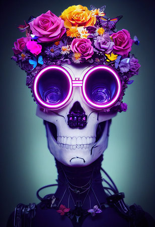 Portrait of a zombie cyber skeleton from hell. Skeleton with flowers. Halloween Concept. 3D rendering.の素材