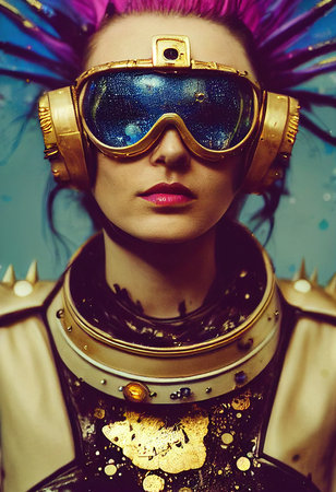 A fictional person, not based on a real person. Abstract portrait of a fantasy astronaut. High-tech futuristic man. Concept of virtual reality and steampunk. 3D rendering.の素材