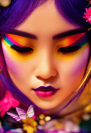 A fictional person, not based on a real person. Abstract portrait of a beautiful fictional girl. Fashionable cute woman. Creative beautiful girl. 3d renderingの素材