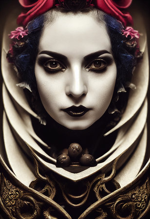 A fictional person, not based on a real person. Mystical creepy woman with frightening makeup. Gothic mystery woman. 3D renderingの素材