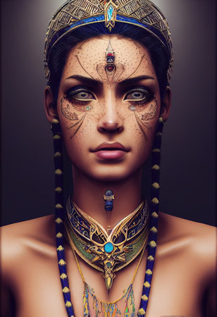A fictional person, not based on a real person. Portrait of a beautiful priestess with makeup. Image of an ancient princess. 3D renderingの素材