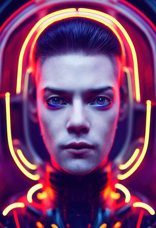 A fictional person, not based on a real person. Portrait of a sci-fi cyberpunk man. High-tech futuristic man from the future. The concept of virtual reality and cyberpunk. 3D render.の素材