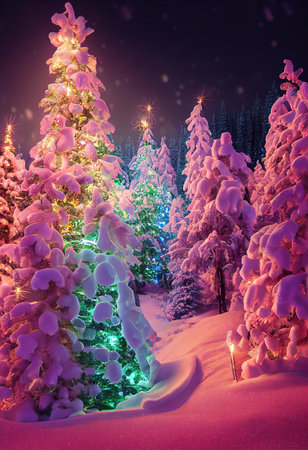 Christmas trees with beautiful colorful illumination. New Years cheerful atmosphere. A winter Christmas forest. 3d renderingの素材