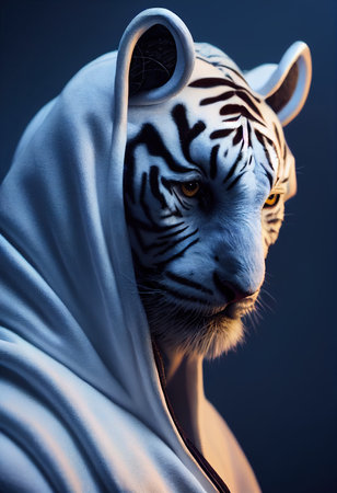 Fantasy portrait of a militant tiger assassin in an ancient assassin costume. The concept of ancient warriors. 3D renderingの素材