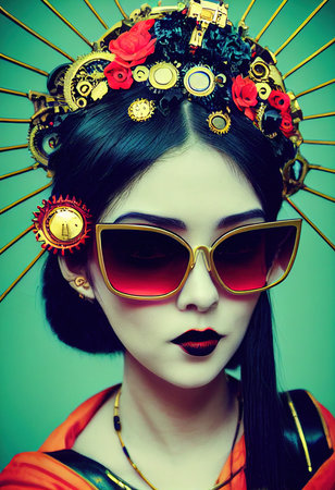 A fictional person, not based on a real person. Portrait of a Victorian steampunk robot with beautiful makeup. Artistic abstract steampunk fantasy. The concept of a vintage robot. 3d renderingの素材