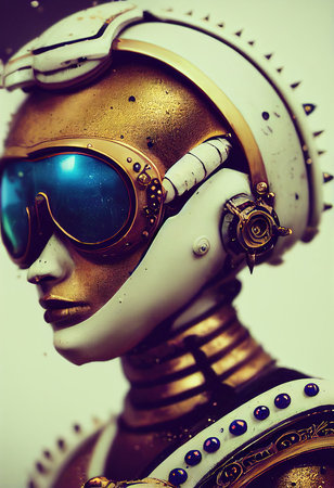 A fictional person, not based on a real person. Abstract portrait of a fantasy astronaut. High-tech futuristic man. Concept of virtual reality and steampunk. 3D rendering.の素材