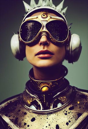 A fictional person, not based on a real person. Abstract portrait of a fantasy astronaut. High-tech futuristic man. Concept of virtual reality and steampunk. 3D rendering.の素材