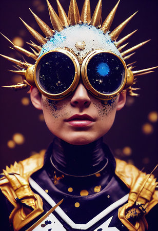 A fictional person, not based on a real person. Abstract portrait of a fantasy astronaut. High-tech futuristic man. Concept of virtual reality and steampunk. 3D rendering.の素材