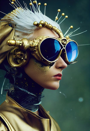 A fictional person, not based on a real person. Abstract portrait of a fantasy astronaut. High-tech futuristic man. Concept of virtual reality and steampunk. 3D rendering.の素材