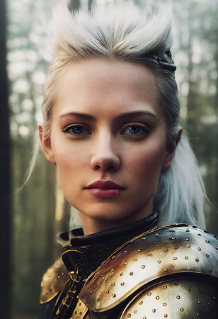 A fictional person, not based on a real person. Portrait of an ancient female warrior in ancient warrior armor. The concept of an ancient brave warrior. 3D render.の素材