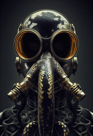 A stalker survivor in protective clothing and an old gas mask. Survivor of nuclear war. 3D renderの素材