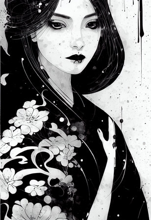 A fictional person, not based on a real person. Abstract portrait of a pretty geisha in a kimono. Fashionable cute woman. Creative beautiful girl. 3d renderingの素材