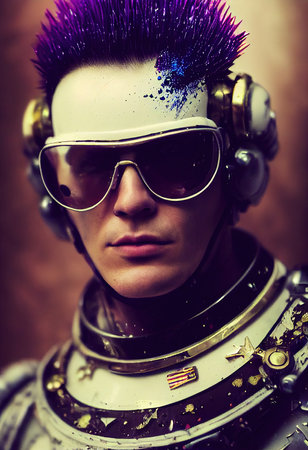 A fictional person, not based on a real person. Abstract portrait of a fantasy steampunk man. High-tech futuristic man. Concept of virtual reality and steampunk. 3D rendering.の素材