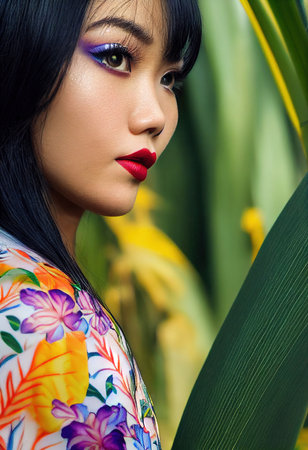 A fictional person, not based on a real person. Abstract colorful portrait of a pretty geisha with beautiful makeup and flowers. Fashionable cute woman. Creative beautiful girl. 3d renderingの素材