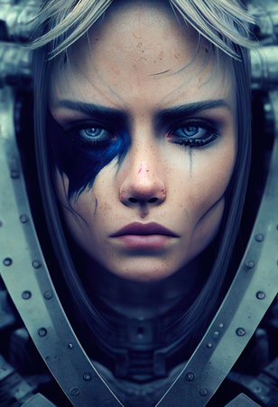 A fictional person, not based on a real person. A portrait of a sci-fi cyberpunk girl wearing cyberpunk armor. High-tech futuristic woman from the future. The concept of cyberpunk. 3D render.の素材