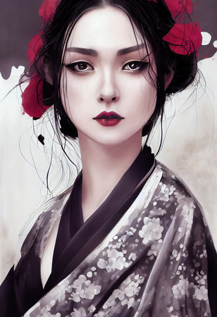 A fictional person, not based on a real person. Abstract portrait of a pretty geisha in a kimono. Fashionable cute woman. Creative beautiful girl. 3d renderingの素材