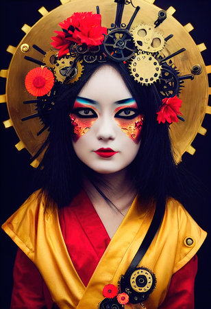 A fictional person, not based on a real person. Portrait of a Victorian steampunk robot with beautiful makeup. Artistic abstract steampunk fantasy. The concept of a vintage robot. 3d renderingの素材