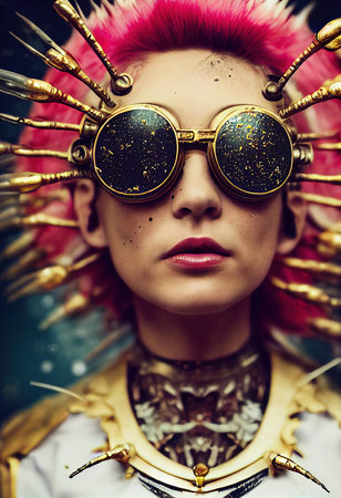 A fictional person, not based on a real person. Abstract portrait of a fantasy steampunk man. High-tech futuristic man. Concept of virtual reality and steampunk. 3D rendering.の素材