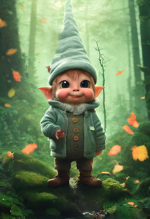 Funny little gnome in a green forest. The concept of fairy tale characters. 3D render.の素材