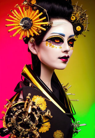 A fictional person, not based on a real person. Portrait of a Victorian steampunk robot with beautiful makeup. Artistic abstract steampunk fantasy. The concept of a vintage robot. 3d renderingの素材