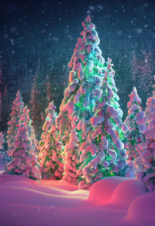 Christmas trees with beautiful colorful illumination. New Years cheerful atmosphere. A winter Christmas forest. 3d renderingの素材