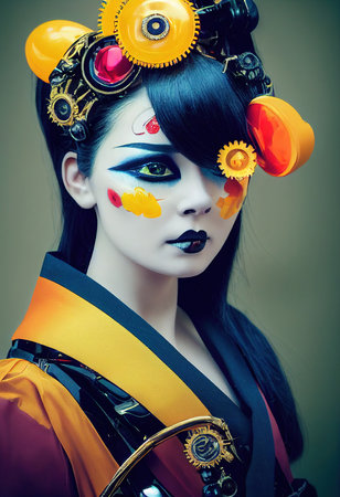 A fictional person, not based on a real person. Portrait of a Victorian steampunk robot with beautiful makeup. Artistic abstract steampunk fantasy. The concept of a vintage robot. 3d renderingの素材