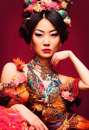 A fictional person, not based on a real person. Abstract colorful portrait of a pretty geisha with beautiful makeup and flowers. Fashionable cute woman. Creative beautiful girl. 3d renderingの素材