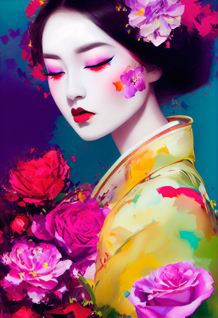 A fictional person, not based on a real person. Abstract colorful portrait of a pretty geisha with beautiful makeup and butterflies. Fashionable cute woman. Creative beautiful girl. 3d renderingの素材