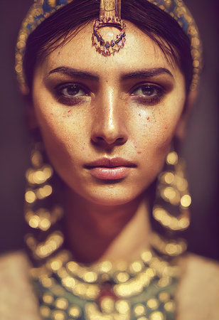 A fictional person, not based on a real person. Portrait of a beautiful priestess with makeup. Image of an ancient princess. 3D renderingの素材