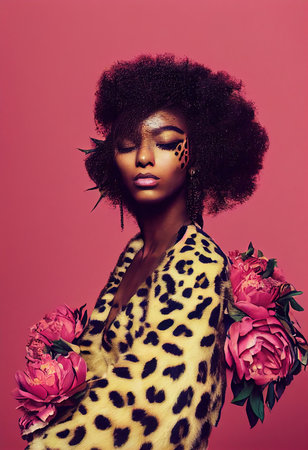 A fictional person, not based on a real person. Portrait of a fantasy ebony girl. Fashionable woman with flowers. Creative beautiful girl. 3d renderingの素材