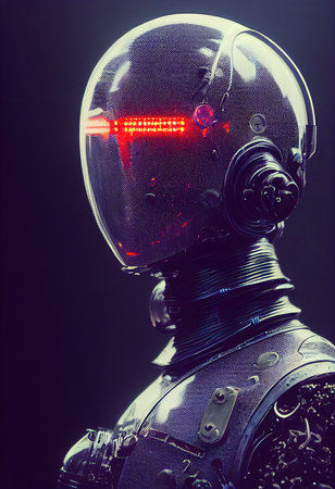 Portrait of an fictional astronaut in neon light in a spacesuit. High-tech astronaut from the future. The concept of space travel. 3D renderingの素材