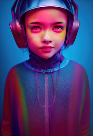 A fictional person, not based on a real person. A portrait of a creative child of a girl wearing fancy headphones. A lover of fashionable music. 3d renderingの素材