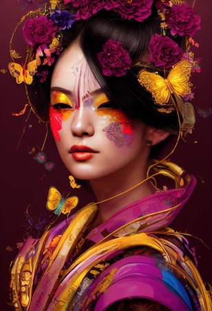 A fictional person, not based on a real person. Abstract portrait of a beautiful fictional asian girl. Fashionable cute woman. Creative beautiful girl. 3d renderingの素材