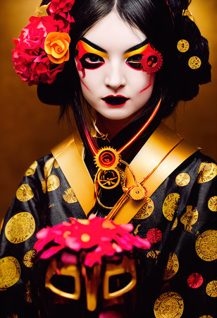 A fictional person, not based on a real person. Portrait of a Victorian steampunk robot with beautiful makeup. Artistic abstract steampunk fantasy. The concept of a vintage robot. 3d renderingの素材