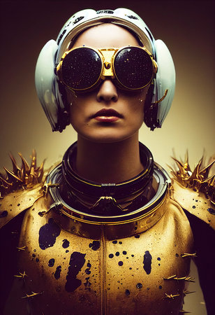 A fictional person, not based on a real person. Abstract portrait of a fantasy steampunk man. High-tech futuristic man. Concept of virtual reality and steampunk. 3D rendering.の素材