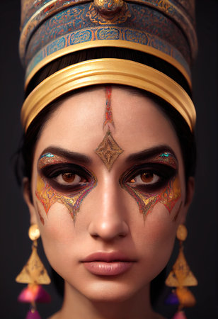 A fictional person, not based on a real person. Portrait of a beautiful priestess with makeup. Image of an ancient princess. 3D renderingの素材