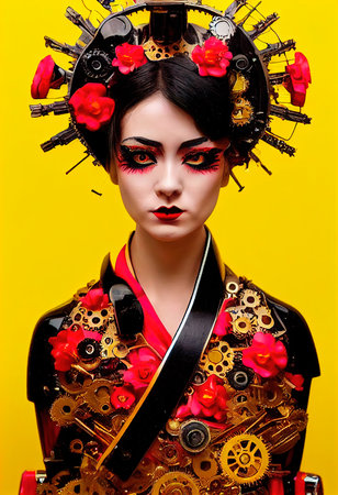 A fictional person, not based on a real person. Portrait of a Victorian steampunk robot with beautiful makeup. Artistic abstract steampunk fantasy. The concept of a vintage robot. 3d renderingの素材