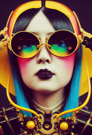 A fictional person, not based on a real person. Portrait of a Victorian steampunk robot with beautiful makeup. Artistic abstract steampunk fantasy. The concept of a vintage robot. 3d renderingの素材