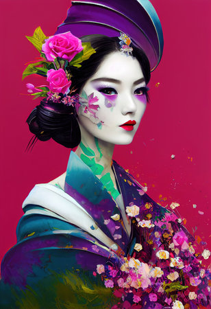 A fictional person, not based on a real person. Abstract colorful portrait of a pretty geisha with beautiful makeup and butterflies. Fashionable cute woman. Creative beautiful girl. 3d renderingの素材