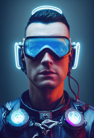 A fictional person, not based on a real person. Portrait of a sci-fi cyberpunk man. High-tech futuristic man from the future. The concept of virtual reality and cyberpunk. 3D render.の素材